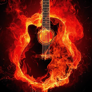 Mammoth Production music equipment, illustrated by accoustic guitar in flames